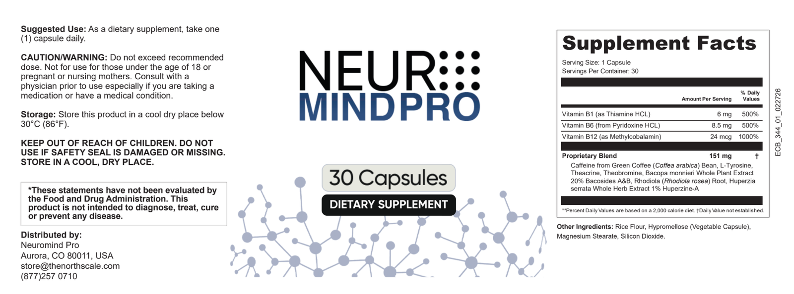 Official NeuroMind Pro Supplement Facts and suggested use label